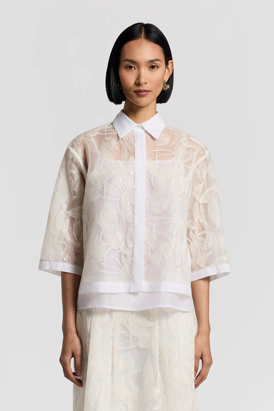 Sequin Embroidered Light Tulle Cotton Shirt