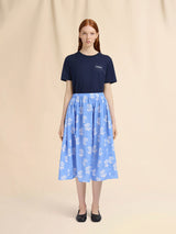 Light Blue Poplin Egg Skirt With Sprayed Roses Prin