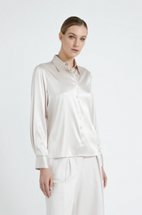 STRETCH SHINY SILK SATIN SHIRT - PEARL BEIGE