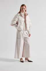 STRETCH SHINY SILK SATIN SHIRT - PEARL BEIGE