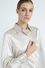 STRETCH SHINY SILK SATIN SHIRT - PEARL BEIGE