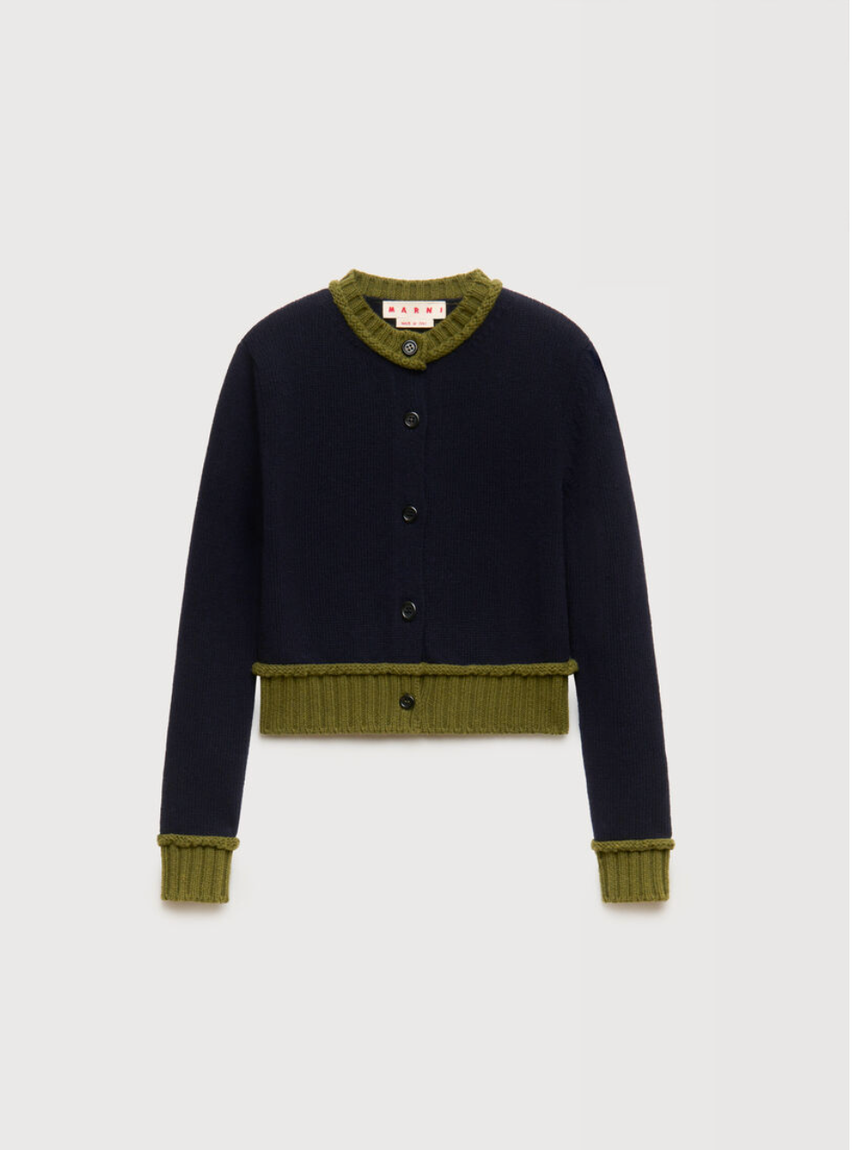 wool blend cardigan with contrast trims
