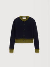 wool blend cardigan with contrast trims