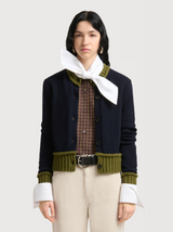 wool blend cardigan with contrast trims