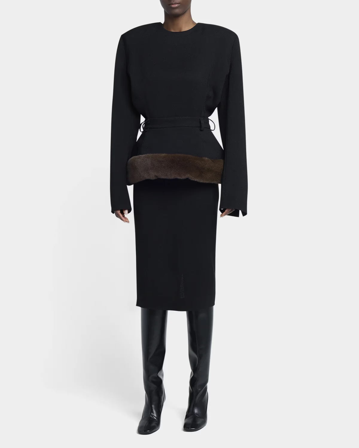 Long-Sleeve Belted Faux-Fur Peplum Midi Dress