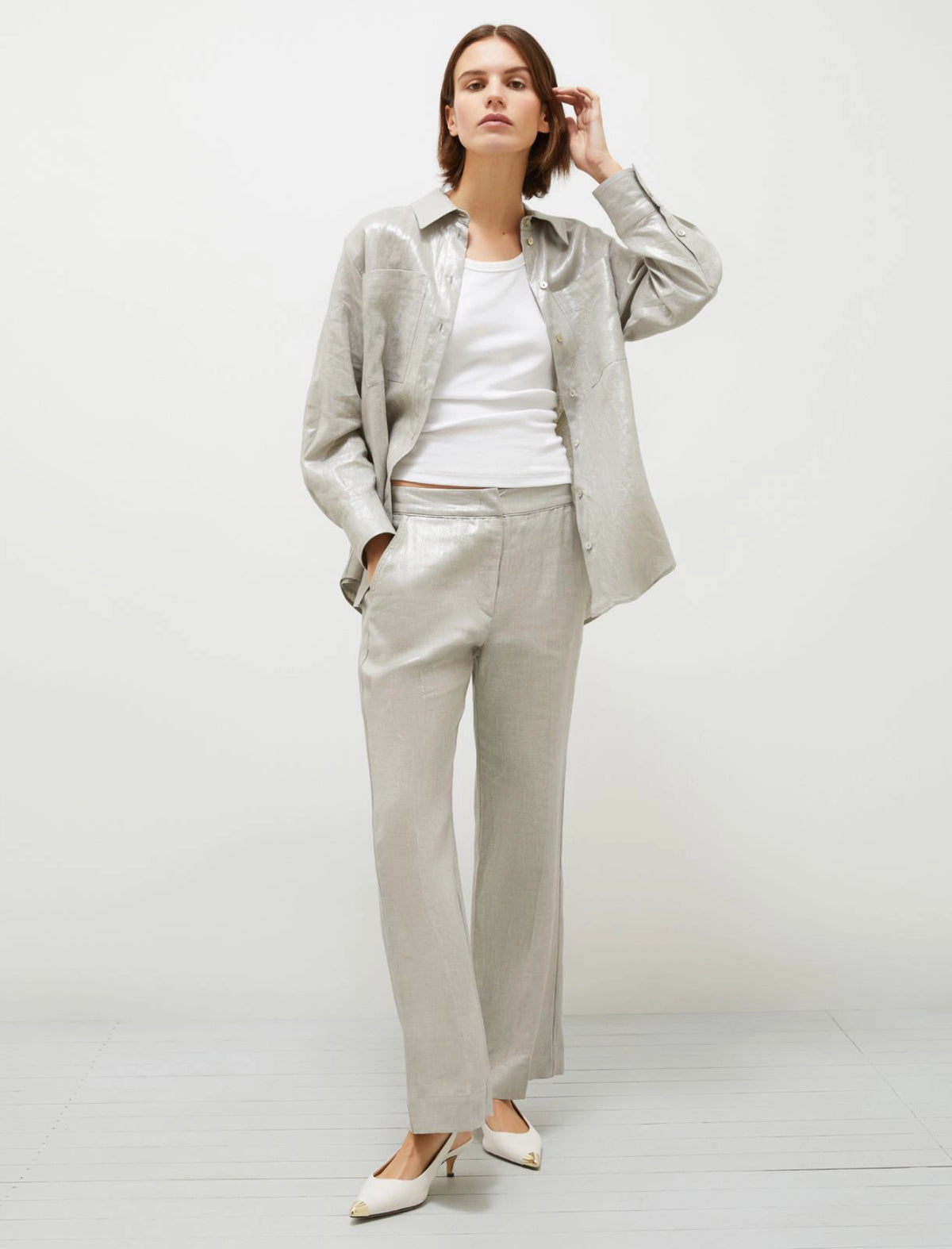 [Marella] Laminated Linen Trousers Nardo - Light Grey