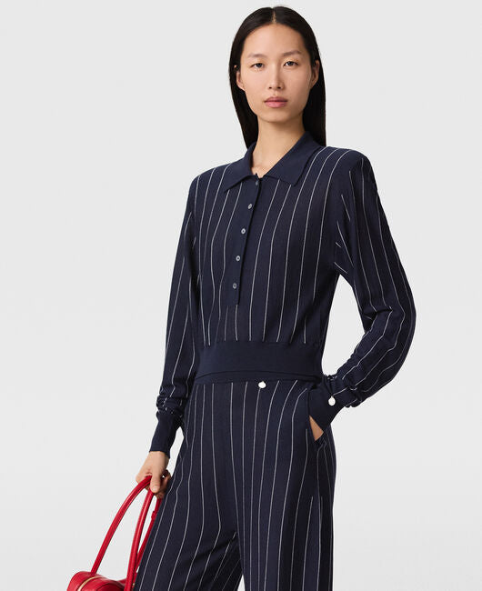 [S.McCartney] Collared Pinstripe Long-Sleeve Top - Ink/ White