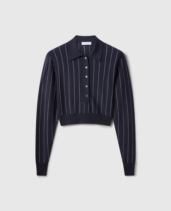 [S.McCartney] Collared Pinstripe Long-Sleeve Top - Ink/ White