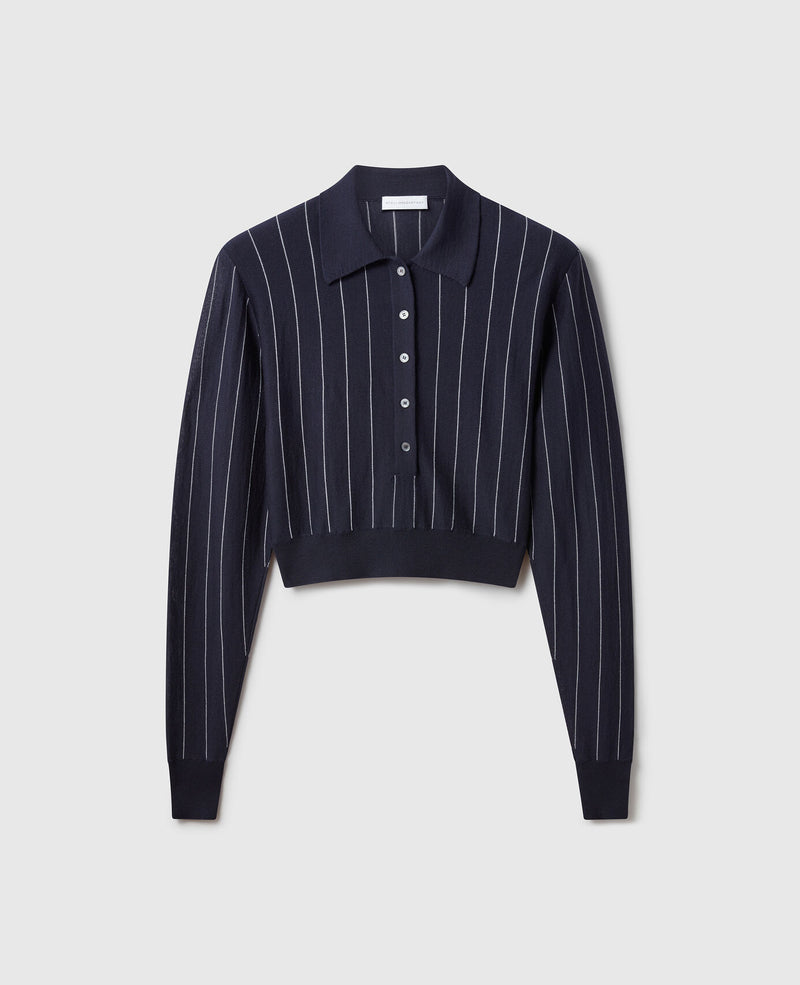 [S.McCartney] Collared Pinstripe Long-Sleeve Top - Ink/ White