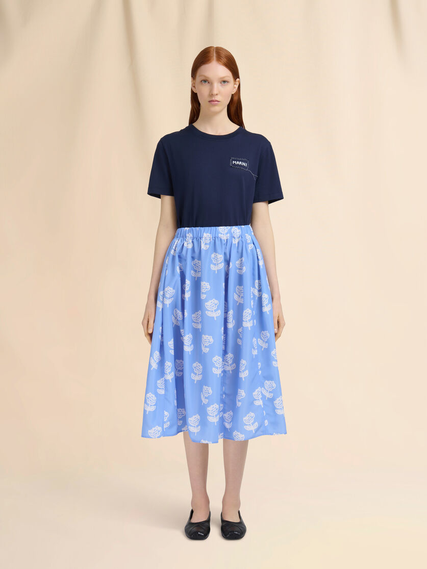 Light Blue Poplin Egg Skirt With Sprayed Roses Prin