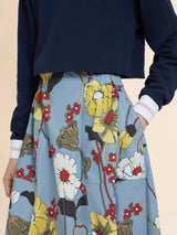 Blue poplin elasticated midi skirt with Melodia print
