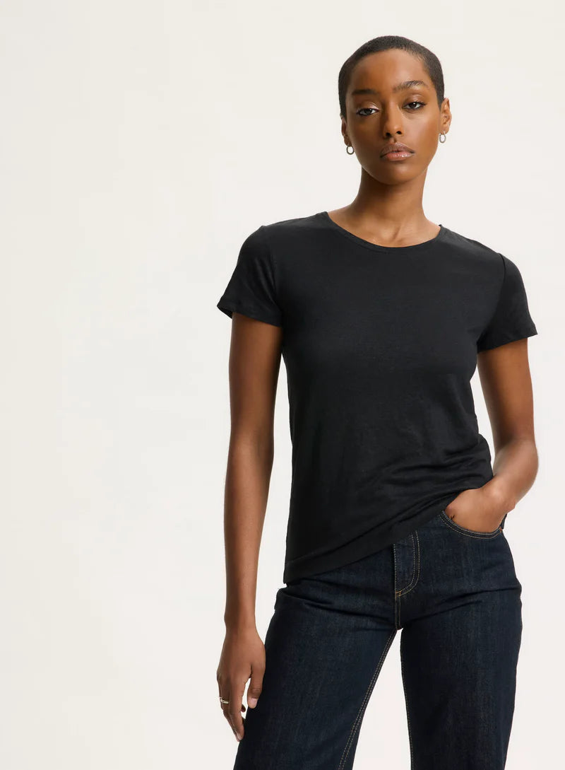 [Majestic] Stretch Linen S/S Crewneck - Noir