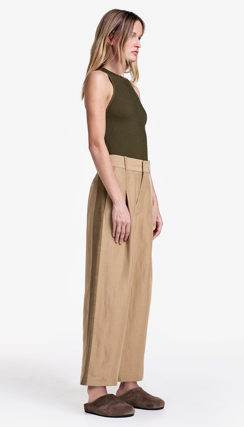 [Smythe] Tux Stripe Crop Pleated Trouser - Khaki