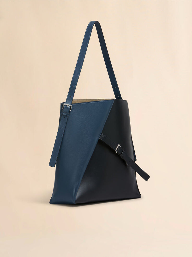 [MARNI] Deep Blue and Black Leather Reverse Hobo Bag - Opal/Black