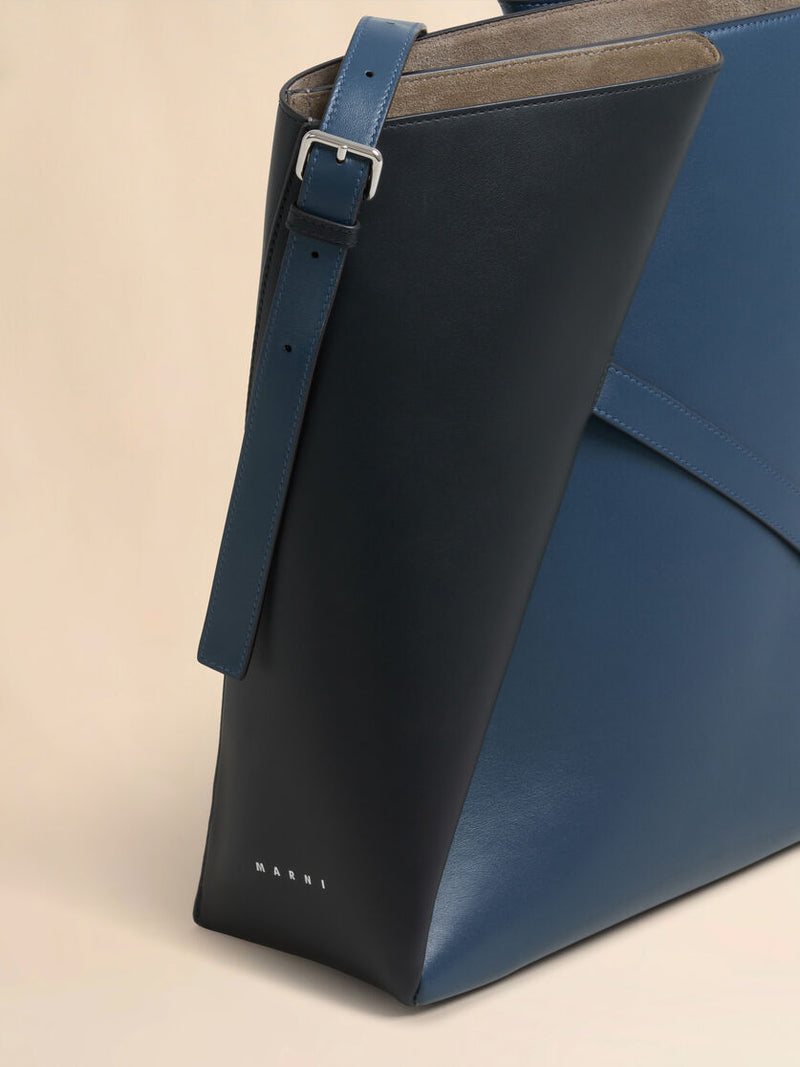 [MARNI] Deep Blue and Black Leather Reverse Hobo Bag - Opal/Black