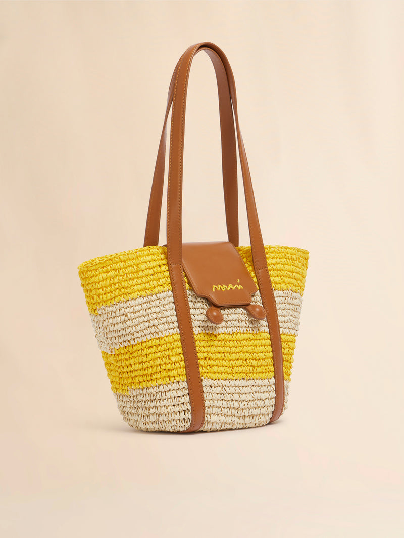 [Marni] Small Stripe Raffia Effect Trunkaroo Beach Bag - Natural/D.Lemon