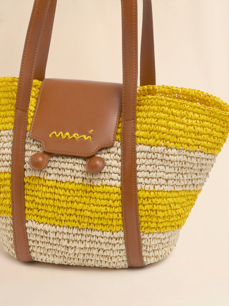 [Marni] Small Stripe Raffia Effect Trunkaroo Beach Bag - Natural/D.Lemon