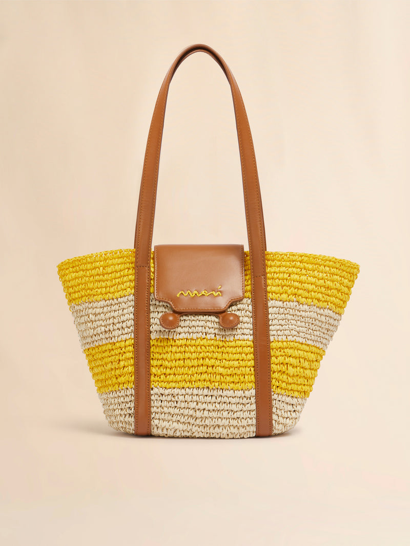 [Marni] Small Stripe Raffia Effect Trunkaroo Beach Bag - Natural/D.Lemon