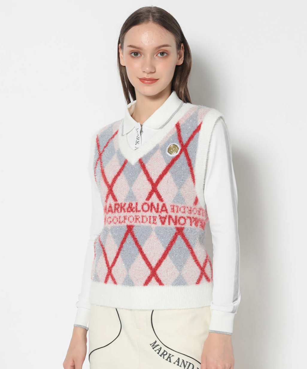 Glam Argyle Knit Vest - White