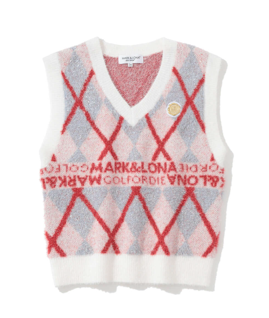 Glam Argyle Knit Vest - White