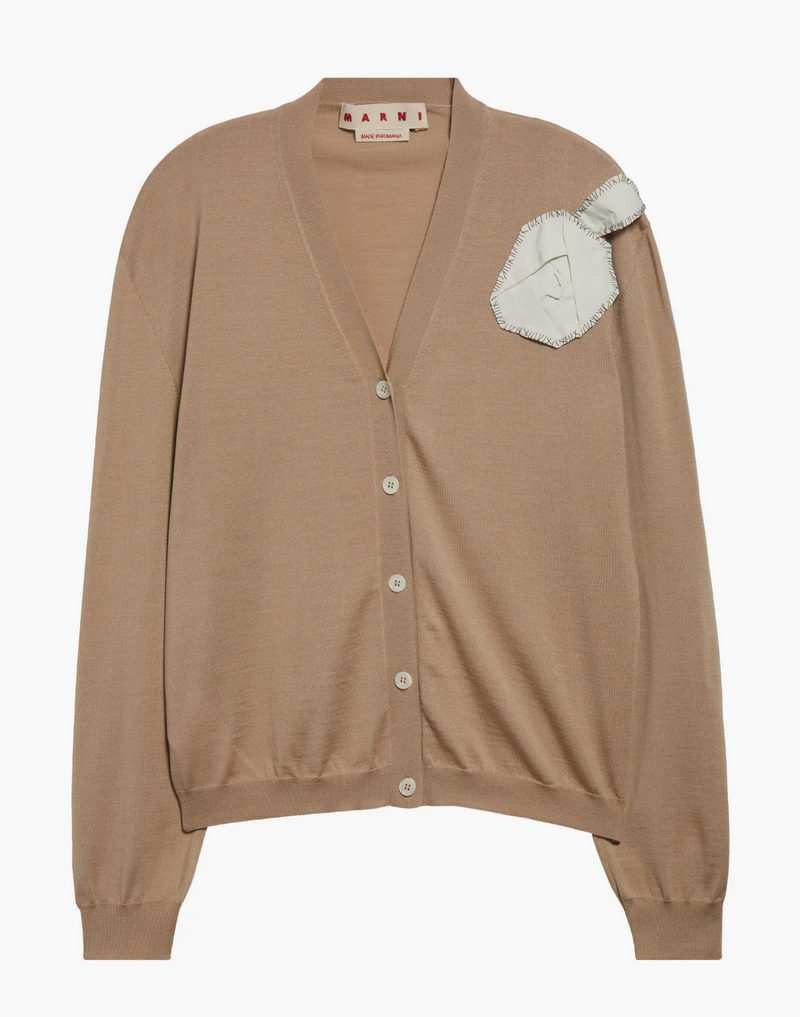 [Marni] Rose Appliqué Virgin Wool & Silk Cardigan - Moccasin