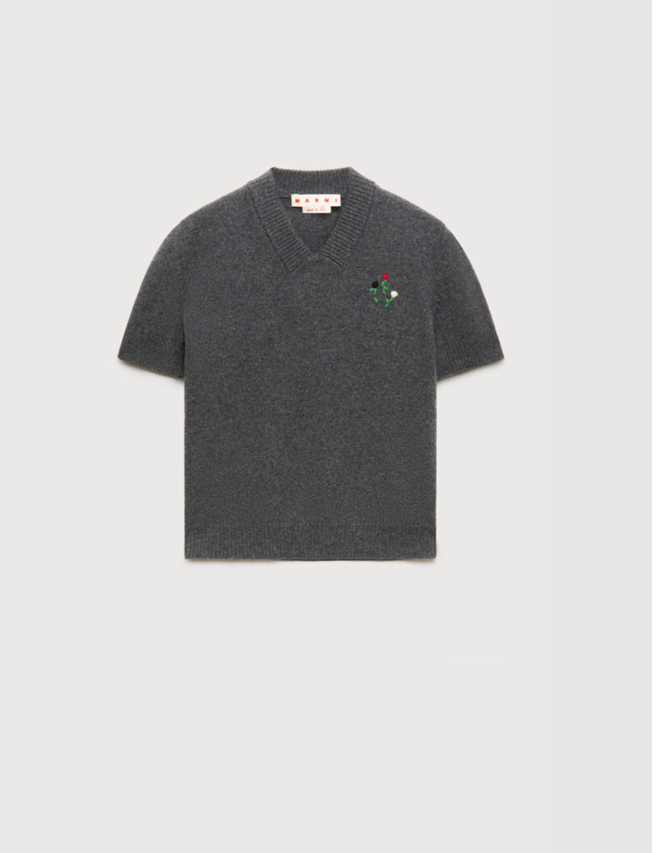 Grey wool-cashmere jumper with embroidered flowers
