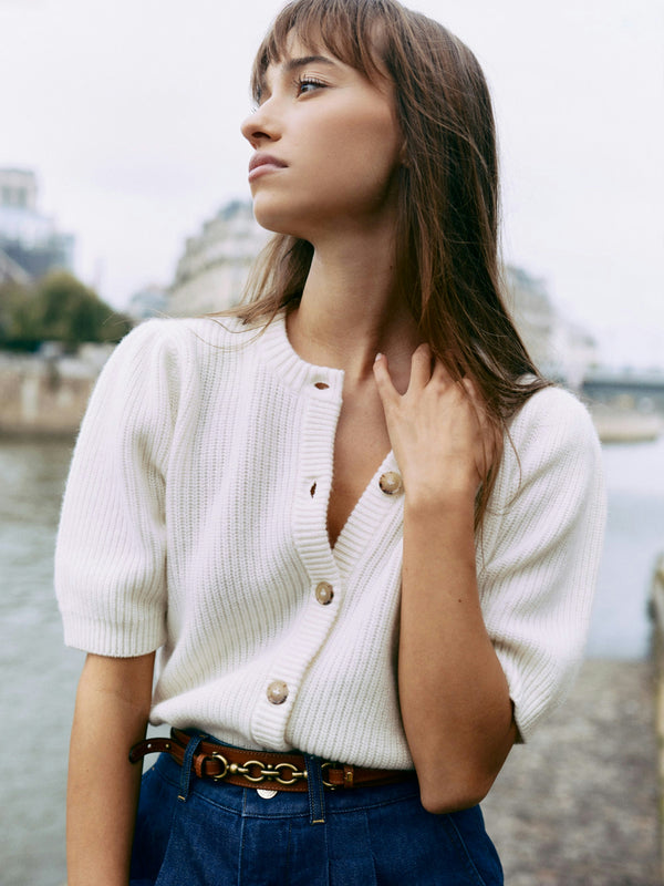[FRAME] Shrunken Short Sleeve Cardi - Cream Multi