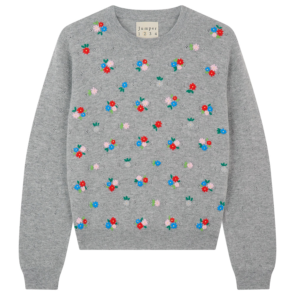 Wool Cashmere Embroidered Floral Crew