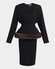 Long-Sleeve Belted Faux-Fur Peplum Midi Dress